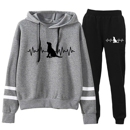 ECG Dog Print Parallel Bars Striped Hooded Sweat Pants suit Autumn and Winter European Code plus size Cross-border