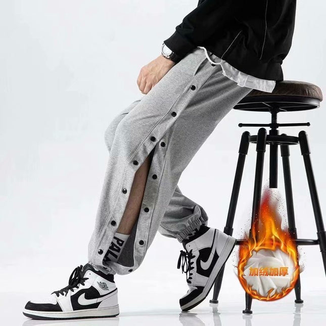 Buckle-breasted sports pants men's full-open button button loose toe autumn and winter fleece-lined pants side-open training basketball long pants