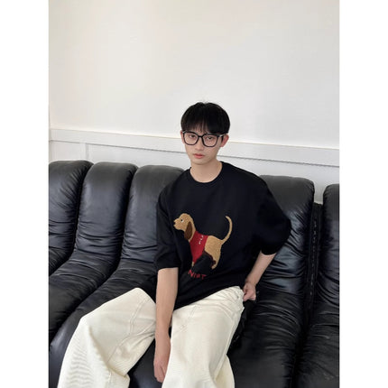Air Layer Skin-Friendly Dachshund Towel Embroidered Short-Sleeved T-Shirt for Men and Women Summer Heavy Cotton Couple Half-Sleeved T-Shirt