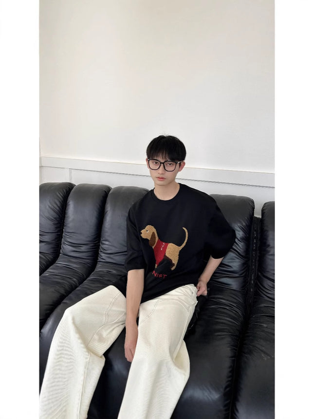 Air Layer Skin-Friendly Dachshund Towel Embroidered Short-Sleeved T-Shirt for Men and Women Summer Heavy Cotton Couple Half-Sleeved T-Shirt