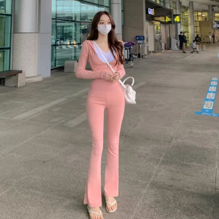 South Korea Dongdaemun Figure Sports suit Slim-fit Sexy Hooded Zipper Short Coat High Waist Flared Pants for Women