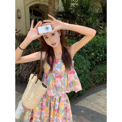 Floral French suit Women's Sling Top Summer New Skirt Elegant Skirt Seaside Vacation Two-piece Set
