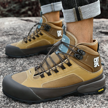 New Men's Stretch Knitted Fabric Leather Lace-Up Sneakers Versatile Thick-Soled Casual Shoes Running Shoes Hiking Shoes