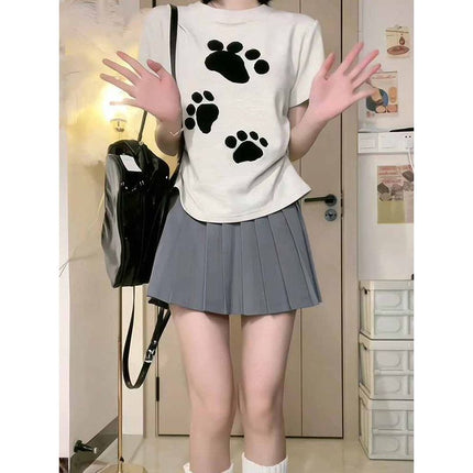 Flocked Cartoon Cat Paw Short-Sleeve T-Shirt for Petite Women, Sweet Girl Style, Height-Enhancing, Slim-Fit, Regular Shoulder, 2026 Summer New Model