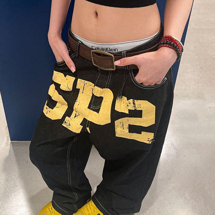 American Washed Denim Topstitch Crackle Print Casual Jeans for Men and Women, Loose Casual Slimming Floor-Length Pants