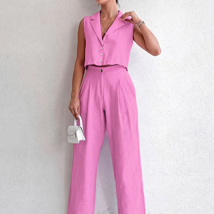2026 Summer Fashion Business Suit European and American Style Khaki Cotton Linen Sleeveless Blazer Vest and Long Pants Two-Piece Women's Set