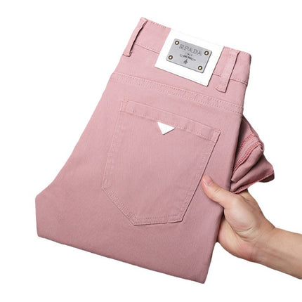 Hong Kong Summer New Lotus Root and Pink Jeans Men's Trendy Brand Embroidered Korean Fashionable High-end Light Luxury Slim-fit Leggings