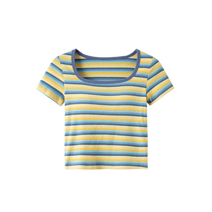 Spring and Summer New Style with Chest Pads, Fashionable and Versatile Square-Neck Gradient Crop Top Short-Sleeve T-Shirt with Built-In Bra
