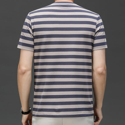 Mingdi Mouse Men's Summer New Short-sleeved Young and Middle-aged Crewneck T-shirt Business All-match Striped Men's T-shirt Top