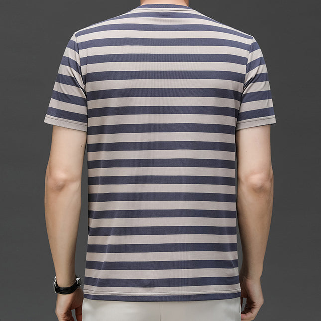 Mingdi Mouse Men's Summer New Short-sleeved Young and Middle-aged Crewneck T-shirt Business All-match Striped Men's T-shirt Top