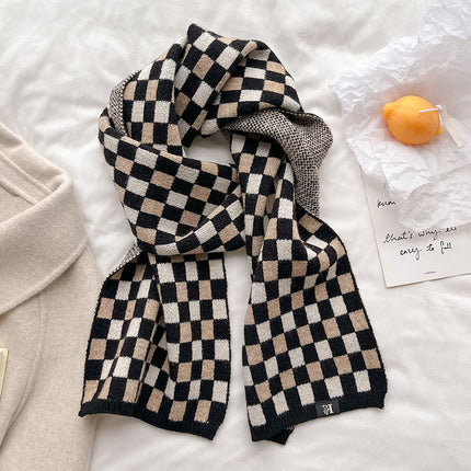 New Red Checkerboard Knitted Scarf for Women, Winter Unisex Style, Warm and Versatile Small Neck Scarf