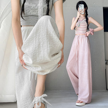 Versatile Linen Ice Silk Wide-Leg Pants for Women 2025 Summer New High-Waisted Loose Slimming Straight-Leg Sports Pants