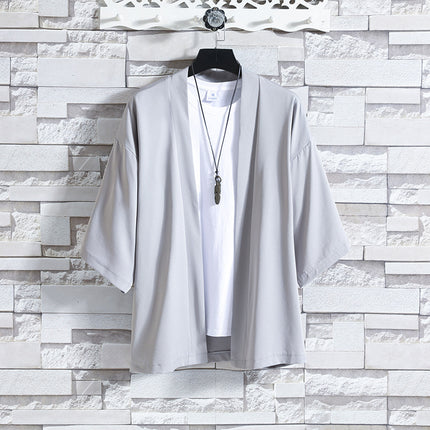 New Cross-border Summer Men's Simple Solid Color Cardigan Casual Loose Guofeng Seven-sleeve Ice Silk Cardigan Shirt for Men