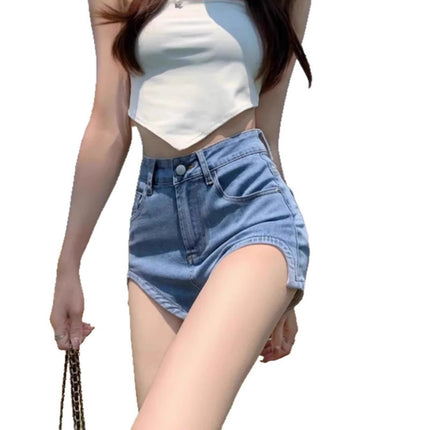Hot Girls Denim Shorts Women's Design Sense Niche High Waist Slimming Legs Long Tight Hip Elastic Irregular Hot Pants