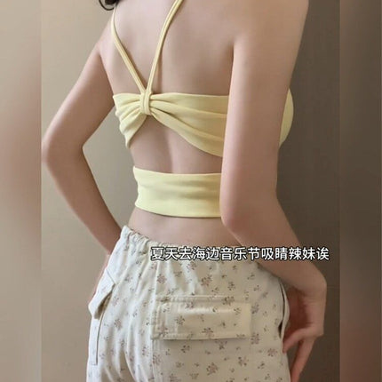 Wearing Yellow Hollow-out Dew Strap Chest Pad Small Camisole Vest Women's Autumn 2025 Seaside Beautiful Back Bra Figure