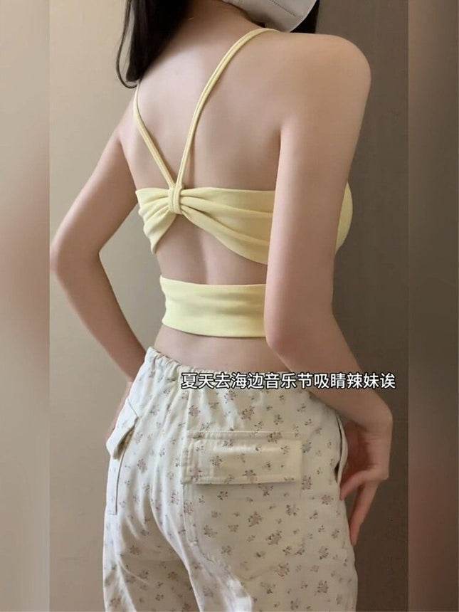 Wearing Yellow Hollow-out Dew Strap Chest Pad Small Camisole Vest Women's Autumn 2025 Seaside Beautiful Back Bra Figure