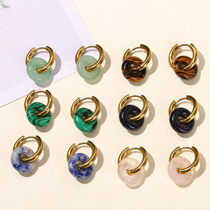 Jingdong jewelry fashion high-grade earrings wholesale natural green Dongling pink crystal bread ring titanium steel gold-plated earrings