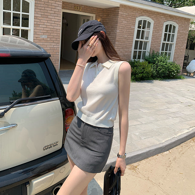 European Unique and Unique Design Sleeveless Slim Knitted Knitwear for Women 2025 Summer New Style Lapel Top