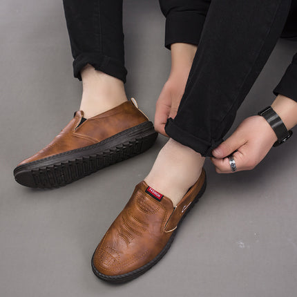 2026 Spring New Casual Leather Shoes with Hand-Sewn Stitching, Thickened Non-Slip Rubber Sole, Slip-On Shoes, Dad Shoes