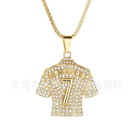 Temu Hip-Hop Titanium Steel Gold-Plated Diamond-Studded Football Superstar Jersey Number 7/10 Pendant Necklace with Row of Diamonds