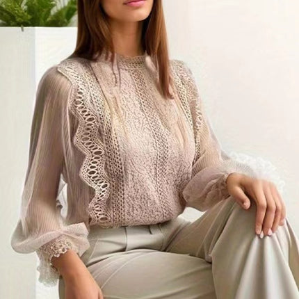 Europe, America and Russia Cross-border Foreign Trade New Elegant Solid Color Mesh Long Sleeve Puff Sleeve Crewneck Top Women's Lace Shirt