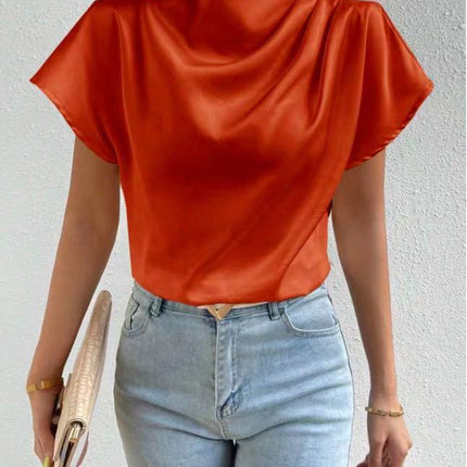 2026 Cross-Border Hot-Selling New Product Round Neck Short-Sleeve Left Shoulder Ruched T-Shirt Satin Women's Top Wholesale in Stock