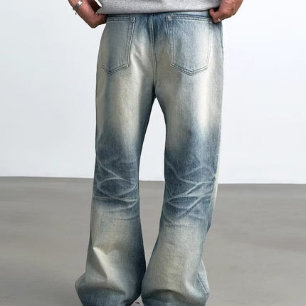 American High Street Original Cow Simple A-Line Washed Blue Straight Loose Floor-Length Jeans Men's Trendy Style