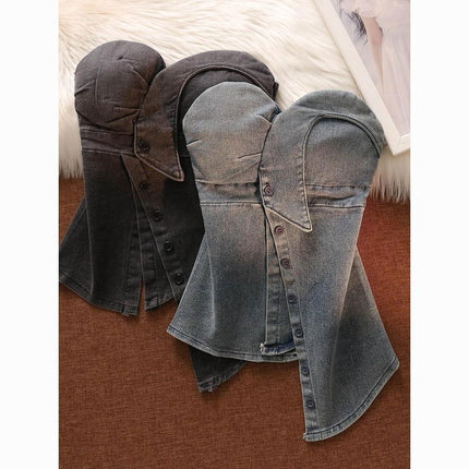 Pure Desire Hot Girl Denim Tube Top Camisole Women's Summer Outerwear with Breast Pad Asymmetrical Sexy Wrap Chest Short Top