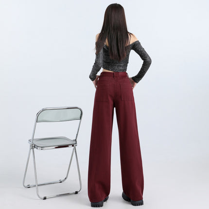 American Ankara Red Narrow Straight-Leg Jeans for Women, Autumn New Loose Slimming Versatile Floor-Length Wide-Leg Pants