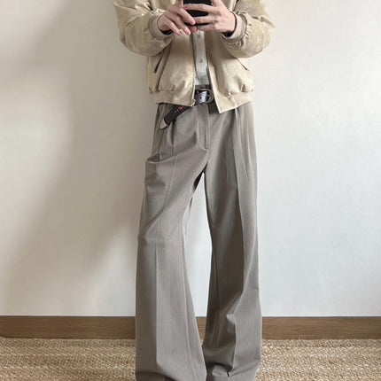 Trendy A-Line Three-Dimensional Pleated Mid-Line Commuter Versatile Drape Tr Blend Flared Trousers Basic Casual Long Pants