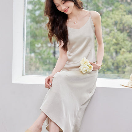 Silk Suspender Dress Women's Summer Texture Large Size Casual Skirt with Bottoming Slit Backless Long Skirt