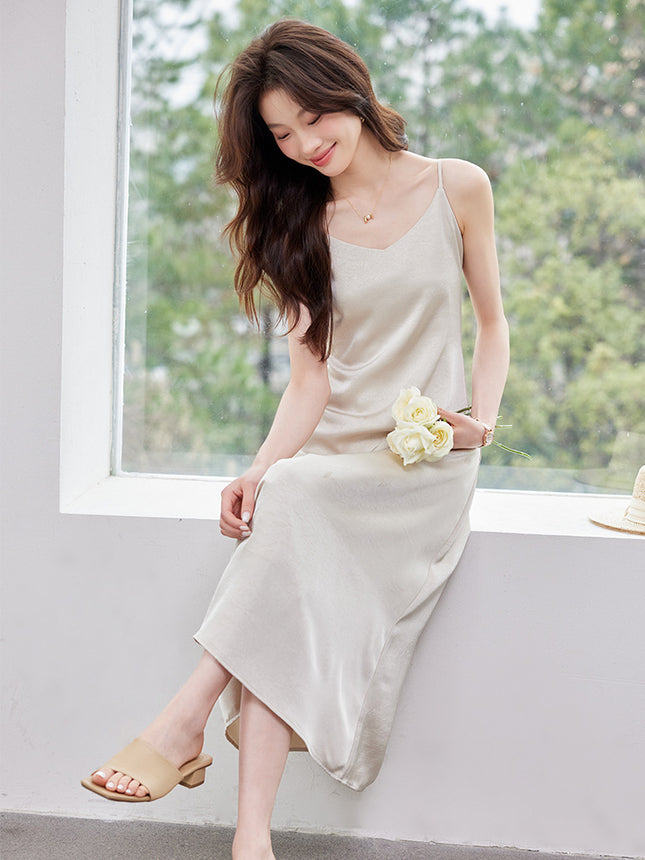 Silk Suspender Dress Women's Summer Texture Large Size Casual Skirt with Bottoming Slit Backless Long Skirt