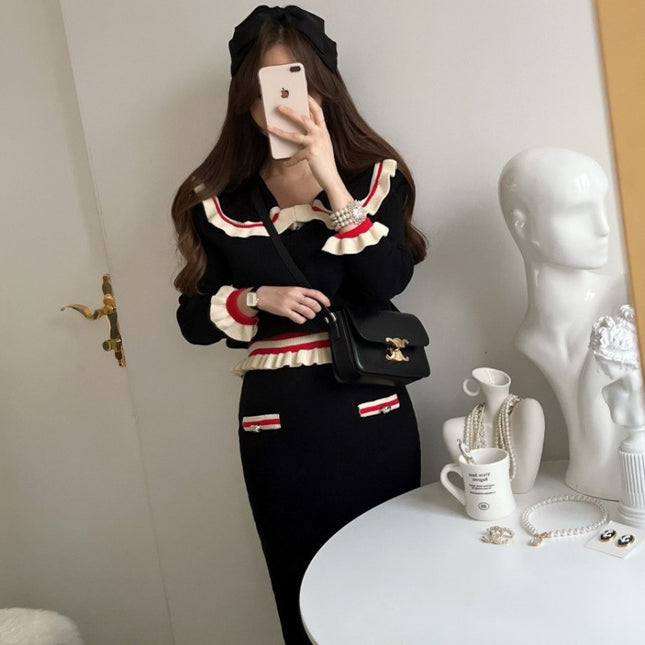 Foreign trade women's clothing Korean-style INS fashion age-reducing high-grade doll collar top + hip skirt two-piece suit