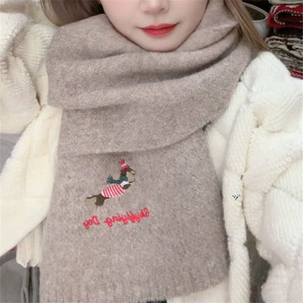 Autumn and Winter Warm Scarf for Women Japanese Style Cute Puppy Embroider Knitted Cold-Proof Fashion Versatile High-End Scarf for Students