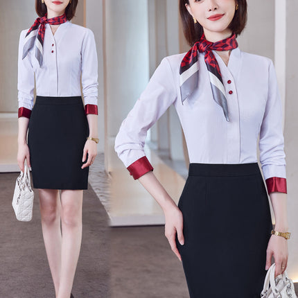 Autumn Professional Long Sleeve Shirt suit Female Stewardess Uniform Dress Jewelry Store Hotel Front Desk Attendant Work Clothes