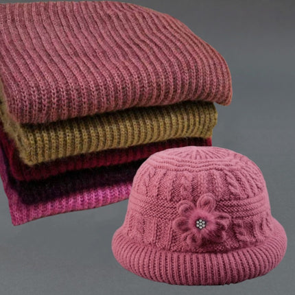 Middle-aged and elderly autumn and winter mother's hat scarf set fleece-lined thickened warm wool knitted hat women's basin hat winter
