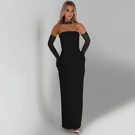 Socialite Style Cross-Border Women's Clothing Solid Color Strapless Backless Slit Sexy Party Slim Fit Bodycon Dress Elegant Style