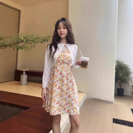 Korean Style Lace Sling dress Women's Summer New Fresh Flower Print Slim-fit Over-the-knee Long Dress