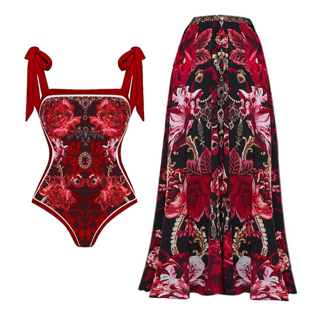Bow lace-up printed one-piece swimsuit women's 2024 new foreign trade cross-border explosion swimsuit Amazon 2389