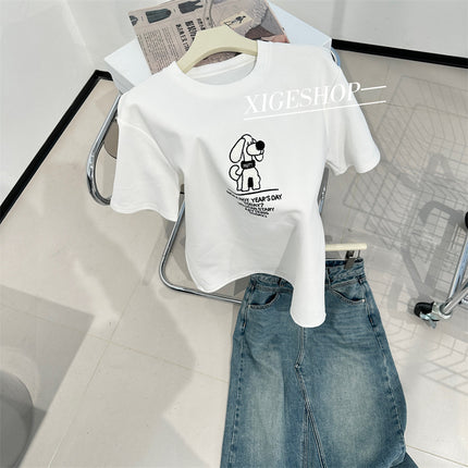 Cartoon Puppy Towel Velvet Embroidered Short-sleeved T-shirt Women's Loose All-match Slimming Casual Shape Crewneck Top for Early Spring