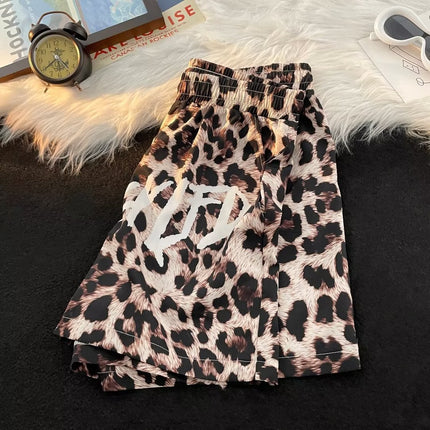 Summer Leopard Print No-Iron Ice Silk Beach Shorts for Boys, Trendy Brand, Handsome and Youthful, Loose and Versatile Shorts