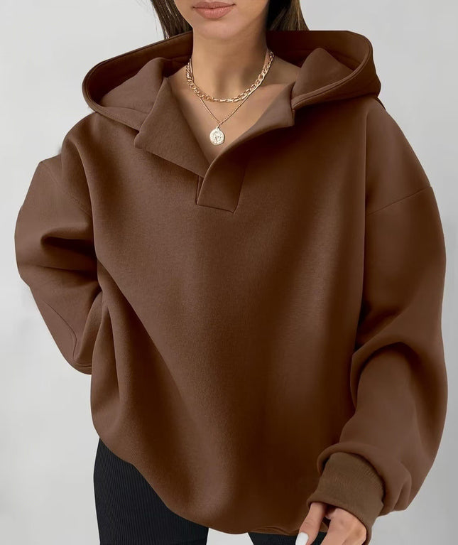 Amazon Cross-Border European and American Women's Autumn and Winter Hooded Sports Sweatshirt Solid Color Fleece-Lined Long-Sleeved Loose Cross-Border Hot Sale