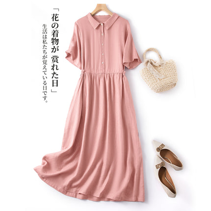 New Cotton and Linen Korean Style dress Women's 2024 Spring and Summer Short-sleeved Shirt Collar Artistic Retro Loose Single-breasted Long Dress