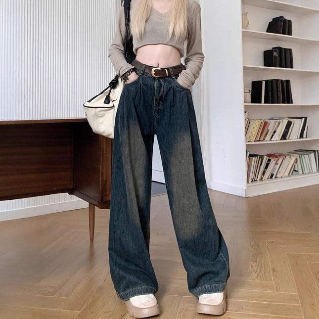Vintage Straight-Leg Jeans for Women, Summer New Versatile Loose Casual Comfortable Slim Wide-Leg Pants, Floor-Length Pants