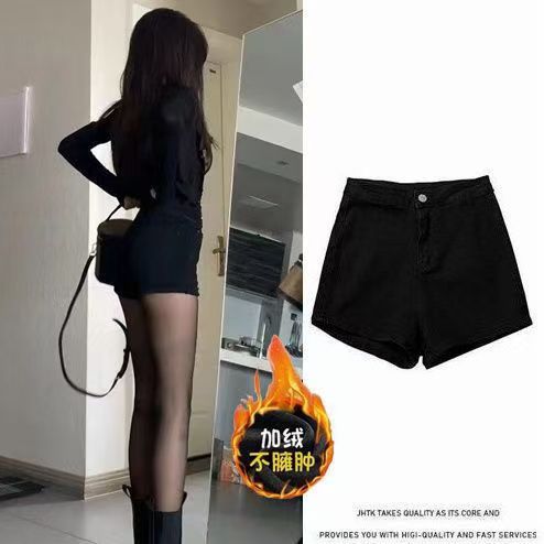 High-Waisted Retro Black Slimming Look Denim Shorts for Women in Autumn and Winter Fleece-Lined Boot Pants for Small People to Show Leg Length and Wear Leggings