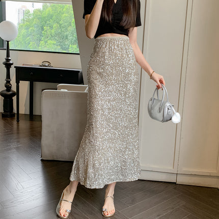 Real shot 2024 spring and summer new eye-absorbing heavy-work sequins fishtail skirt long skirt high waist women