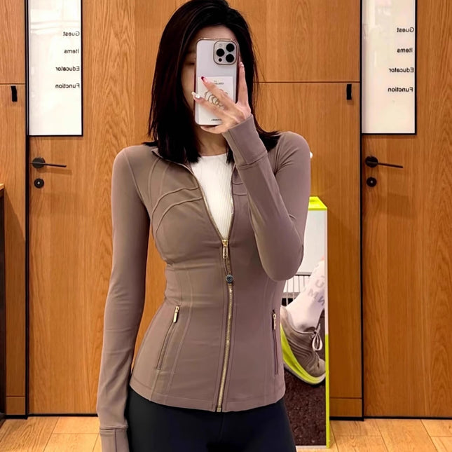 Lulu Same Style Gold Zipper Long Sleeve Jacket Yoga Suit Spring Sports Top Tight Sports Slim Jacket Women's Coat