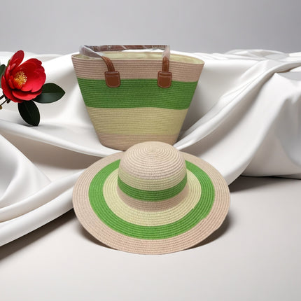 Cross-Border Straw Hat Straw Bag Two-Piece Set Sun Hat Large Capacity Striped Tote Bag Shoulder Bag Beach Bag Factory Store