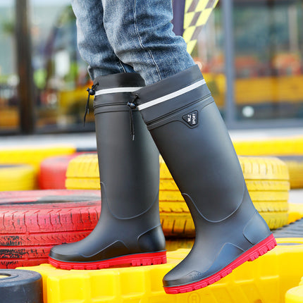 New High-Top Men's Drawstring Ankle Boots for Outdoor Use, Waterproof, Non-Slip, Long, Warm, Thickened Fishing Rubber Shoes