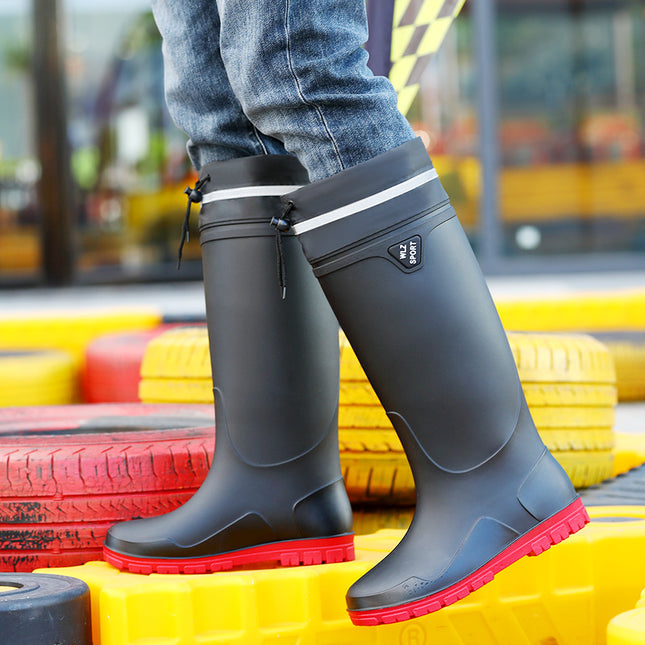 New High-Top Men's Drawstring Ankle Boots for Outdoor Use, Waterproof, Non-Slip, Long, Warm, Thickened Fishing Rubber Shoes